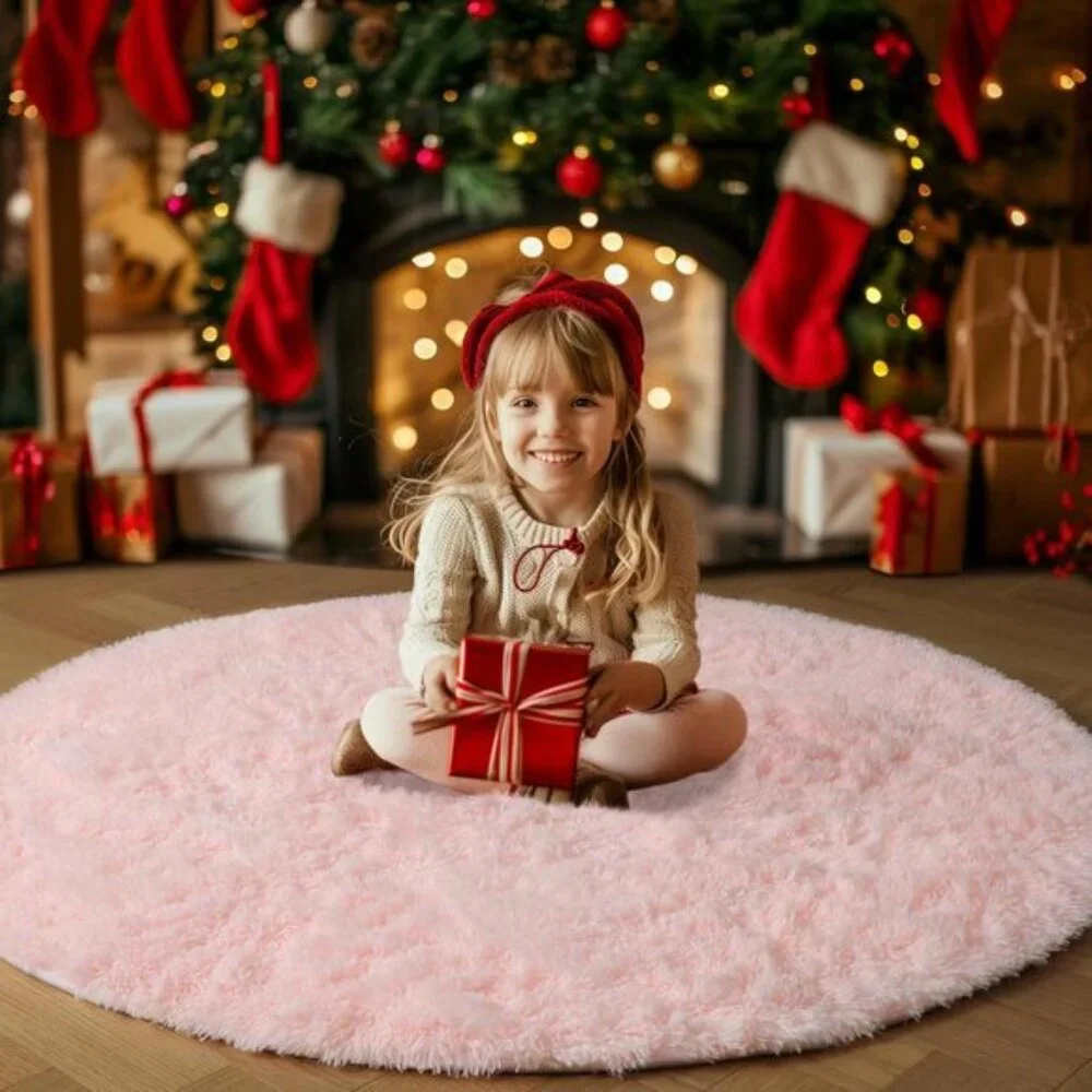 New 4Ft Pink Round Rug, Fluffy Washable Shag Carpet for Girls’ Bedroom & Nursery